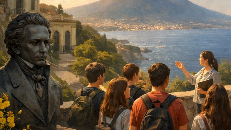I ragazzi della scuola superiore in visita alla villa di Giacomo Leopardi a Torre del...