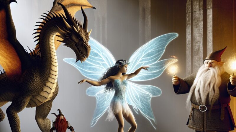 Il drago che combatte contro la fata e il nano