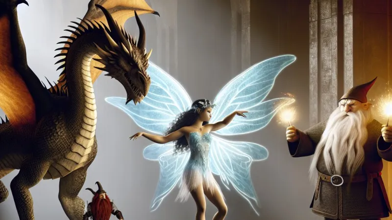 Il drago che combatte contro la fata e il nano