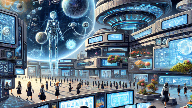 La giornata di un abitante di un pianeta con tecnologia avanzata: descrizione della scuola, dell'edificio, degli orari delle lezioni, dei tipi di insegnanti, delle materie di studio e degli strumenti didattici