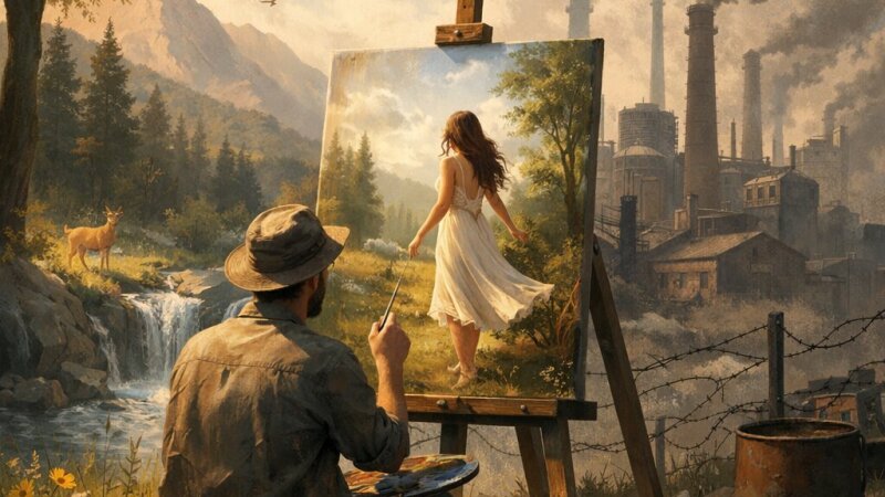 Parafrasi estesa: temi emergenti come il rapporto tra l'artista e i suoi personaggi, la natura e la libertà umana, il controllo dell'uomo sulla propria identità e sul proprio destino, e gli effetti negativi della società industriale moderna