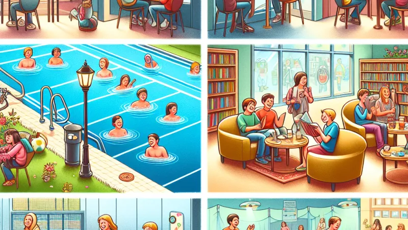 Pro e contro delle varie strutture per i giovani: Internet café, piscina, cinema, caffè, campo da tennis, libreria, parco giochi