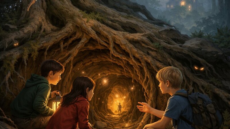 Racconto di un’avventura in un bosco fatato: luogo, dialogo imprevisto, frasi tra le radici degli alberi e conclusione con "sento un’arena
