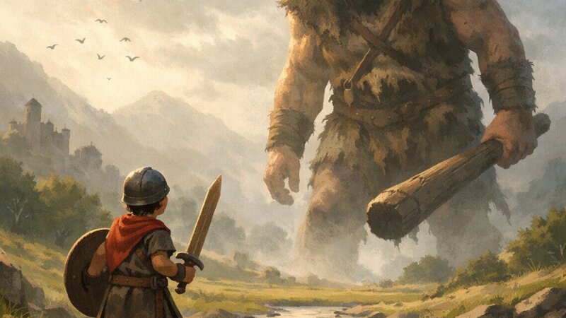 Racconto epico semplice per bambini con un guerriero e un gigante