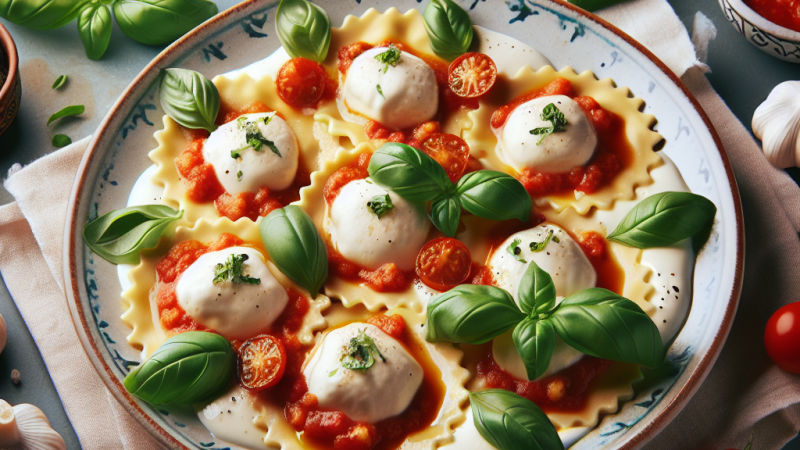 Ravioli di ricotta con basilico e pomodoro su un letto di stracciatella