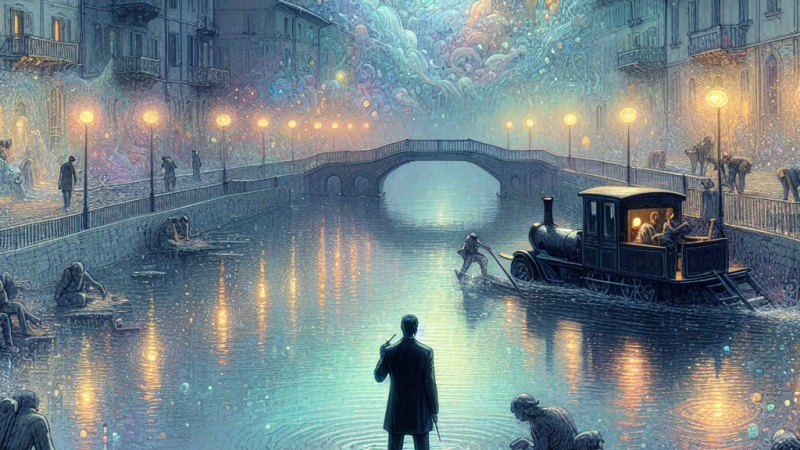 Scrivere una storia integrando il seguente passaggio nel punto più adeguato: 'Tutto questo, in quella notte tranquilla e minacciata, conservava tuttavia un'apparenza di sogno, di racconto, e fu al tempo stesso con la fierezza di un giustiziere e la volutt