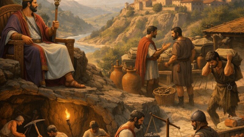Sintesi dei caratteri della civiltà etrusca in circa 700 parole: Lucumone, servi, dodecàpoli, miniere, anfizionia, re, lautni, commerci