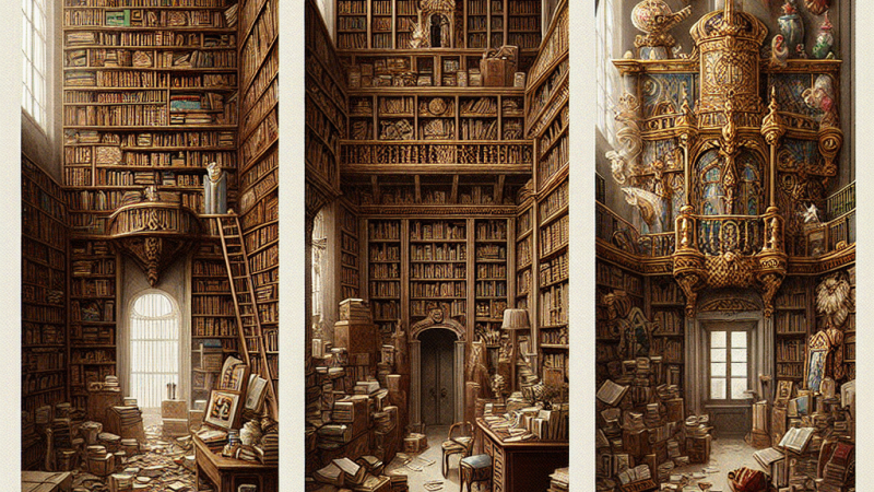 Testo espositivo sulle tre biblioteche ne 'I Promessi Sposi': quella di Azzecca-garbugli, del Cardinale Borromeo e di Don Ferrante, con riferimenti al testo.