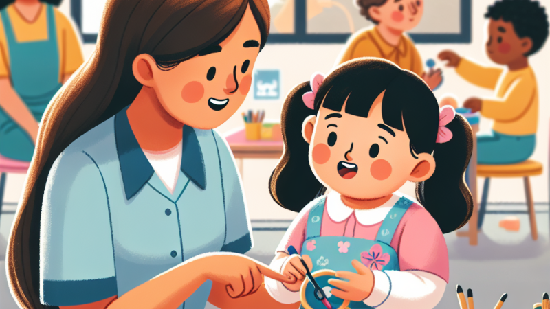 Un ambiente adeguato in cui un docente di sostegno lavora con una bambina con sindrome di Down per migliorare la motricità fine e applicare giochi matematici di gruppo.