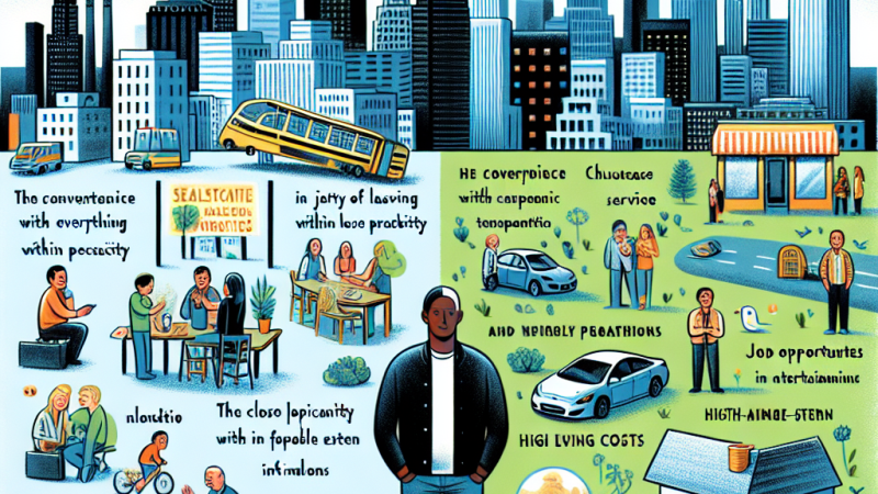 Vivere in una città: aspetti positivi come comodità, varietà di servizi, opportunità lavorative, vicinanza a centri sportivi e di intrattenimento, multietnicità e facilità di contatti